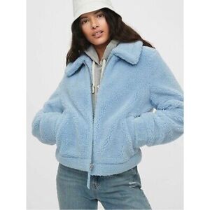 GAP Light Blue Sherpa Teddy Jacket Size Small Tall Winter Casual Comfy Warm Chic